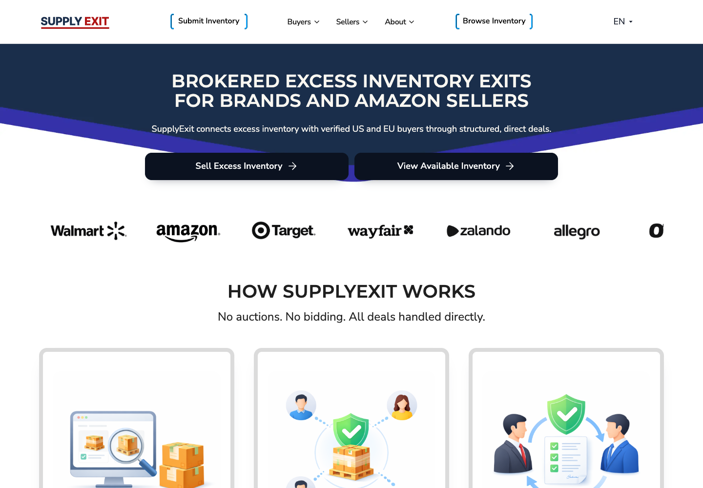 SupplyExit homepage with distinct sell-inventory and browse-inventory actions