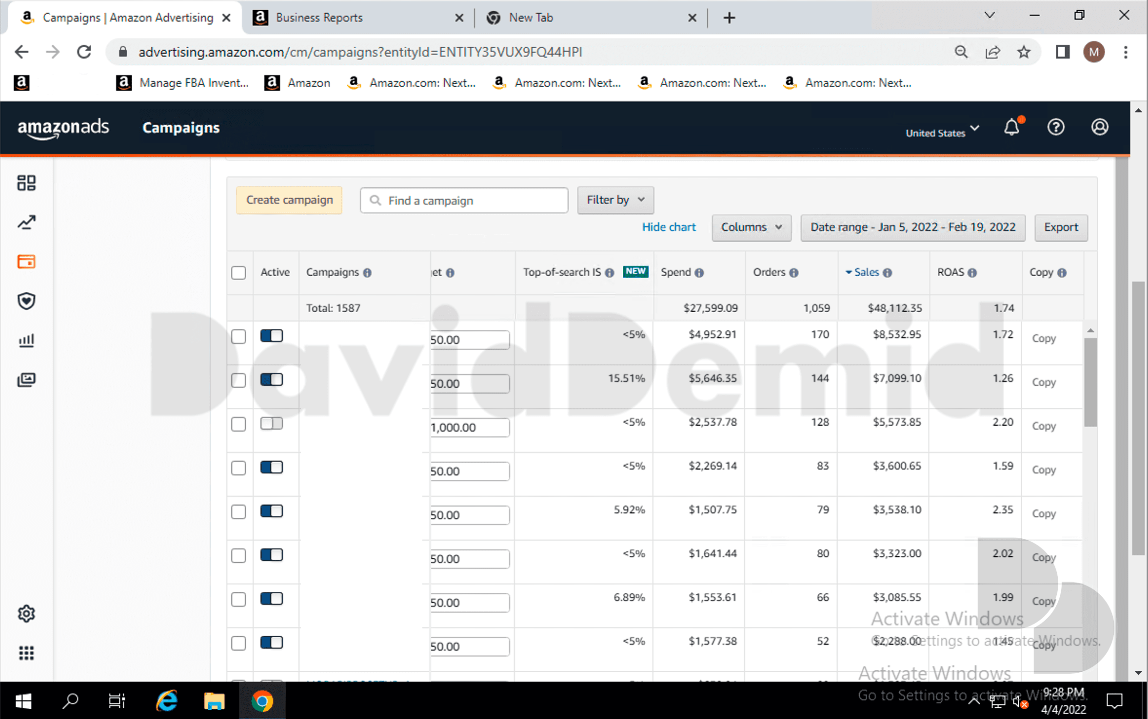 Project 3 Amazon Ads campaign breakdown: 1,059 attributed orders.
