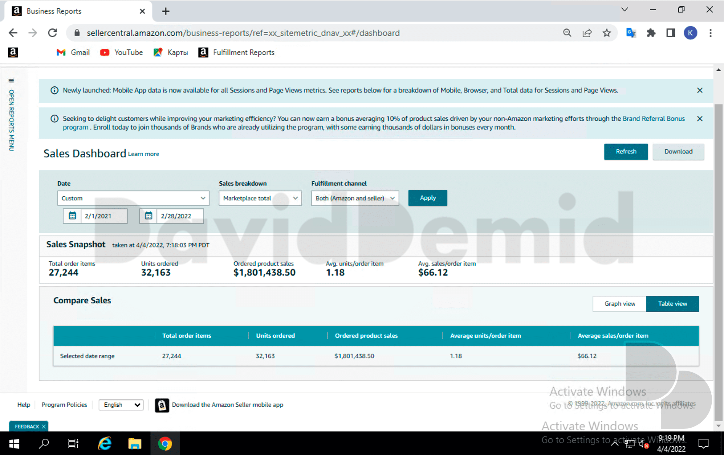 Project 1 Seller Central comparison table: $1,801,438.50, 27,244 order items and 32,163 units.