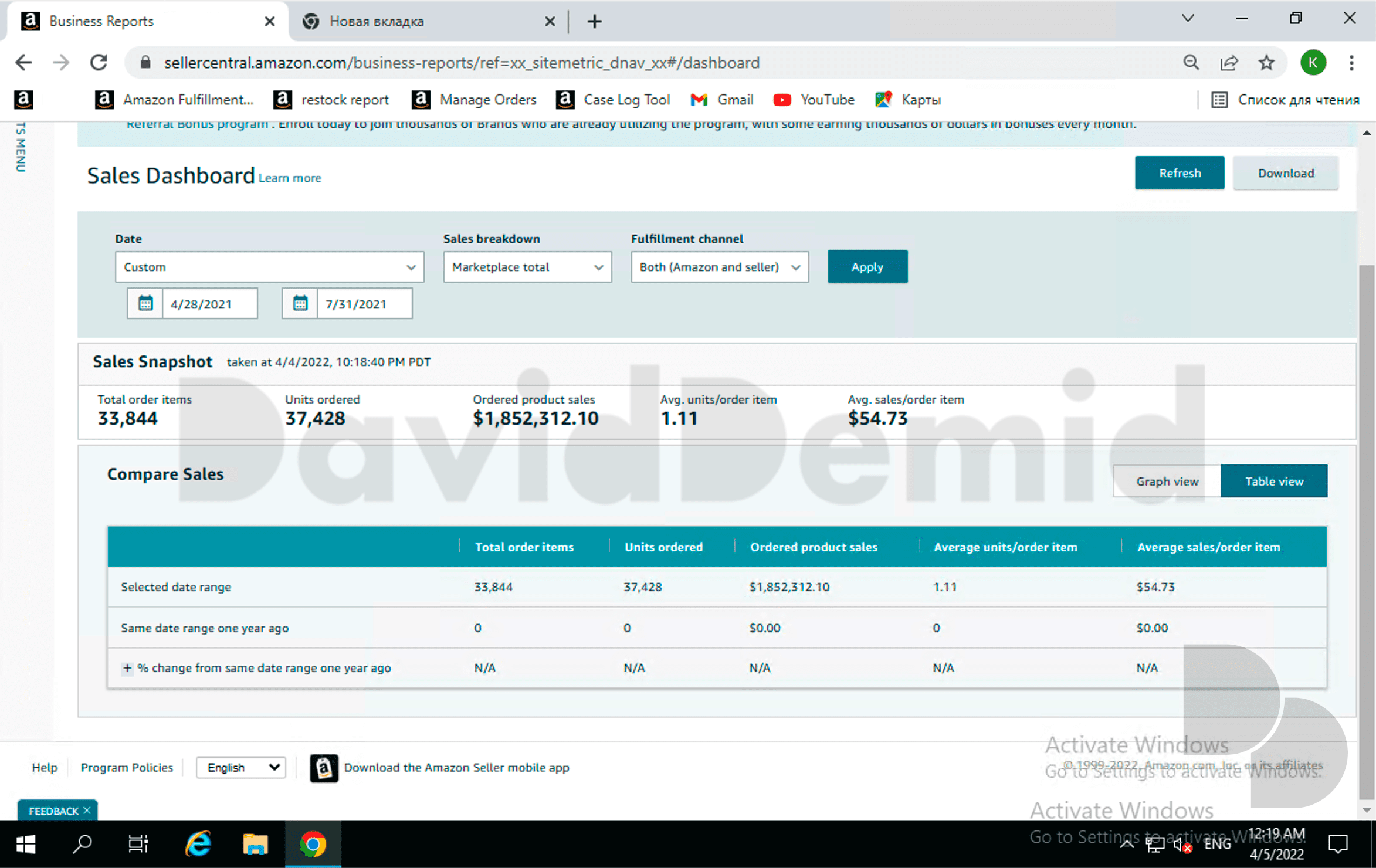 Project 6 Seller Central comparison table: $1,852,312.10, 37,428 units and 33,844 order items.