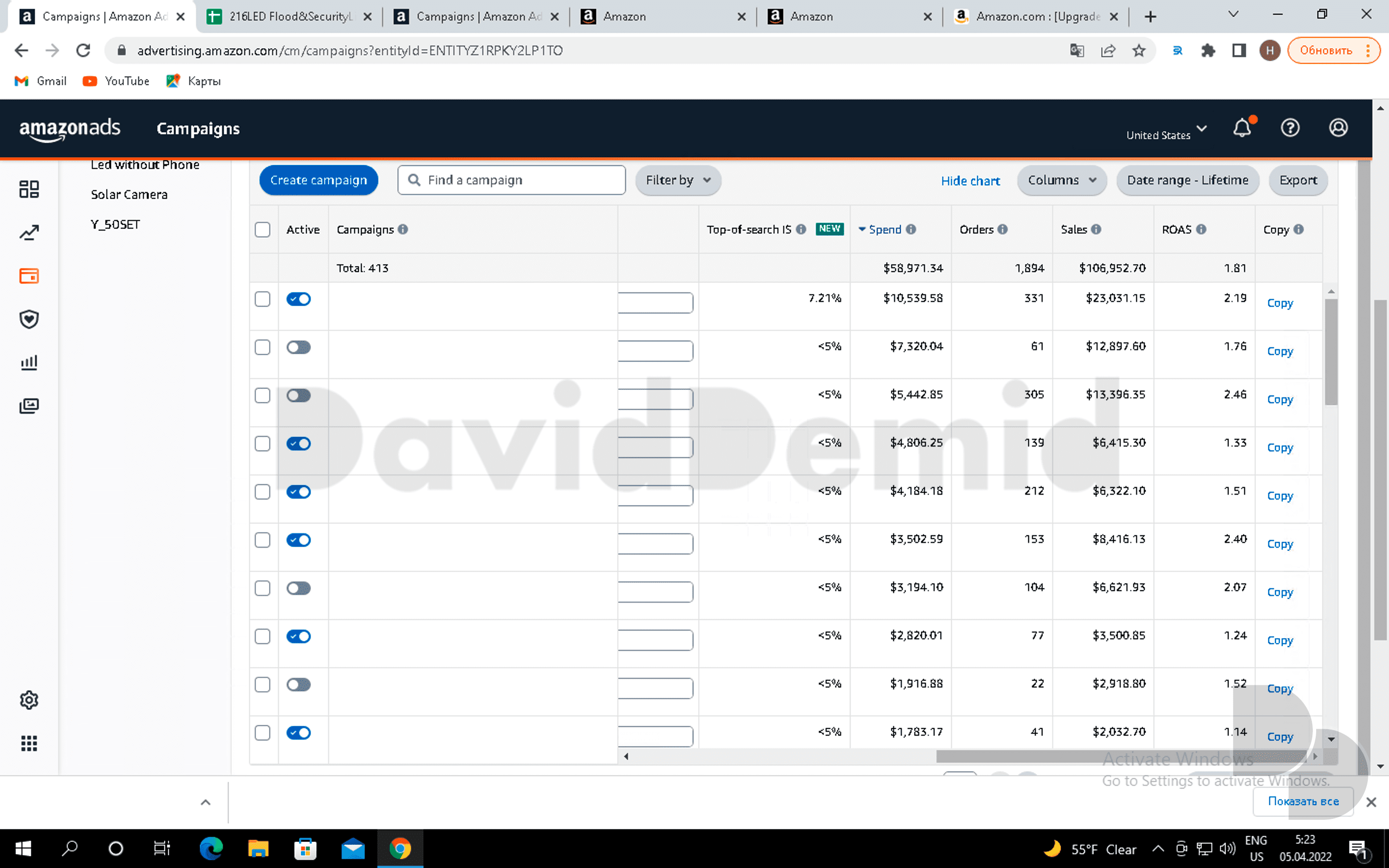 Project 2: Advertising / campaign breakdown. Campaign detail for the same Lifetime advertising view, including 1,894 attributed orders. Not a matched-period breakdown of the seller total.